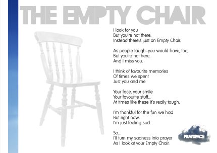 The Empty Chair info panel The Empty Chair Poem, Empty Chair Poem, Poems About Missing Someone, Class Reunion Planning, The Empty Chair, Class Reunion Decorations, Memory Ideas, Reunion Decorations, Mom Poems