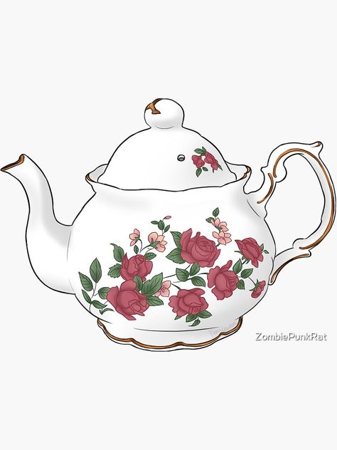 "Classic China Tea Pot - Rose" Sticker by ZombiePunkRat | Redbubble Yea Pot Tattoo, Vintage Teapot Drawing, Tea Pot Sketch, Tea Pot Painting Ideas, Tea Cups Drawing, Croquette Art, Tea Kettle Drawing, Tea Set Drawing, Tea Time Drawing