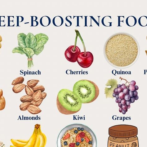 Holistic Health & Wellness on Instagram: "Struggling with sleep? 💤 Try adding these 20 sleep-boosting foods to your routine! 🌙 From tryptophan-packed almonds and lentils to melatonin-rich cherries and grapes, these natural goodies help you relax and drift off with ease. 😴✨

Cashews – High in tryptophan, which helps the body produce sleep-inducing melatonin and serotonin

Spinach – Rich in magnesium and calcium, aiding in muscle relaxation and melatonin production

Cherries – Naturally contain melatonin, which regulates sleep cycles

Quinoa – Packed with tryptophan, supporting serotonin and melatonin production for better sleep

Pumpkin seeds – Rich in tryptophan and magnesium, promoting relaxation and restful sleep

Peanuts – Contain tryptophan, helping to increase serotonin and melaton Melatonin Foods, Serotonin Foods, Food For Sleep, Increase Serotonin, Muscle Relaxation, Sleep Cycle, Mediterranean Diet Recipes, Muscle Relaxer, Restful Sleep