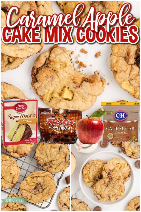 Caramel Apples For Bake Sale, Apple Pie Cake Mix Cookies, Caramel Apple Cake Mix Cookies, Apple Cake Mix Cookies, Apple Cake Cookies, Easy Fall Cake Mix Cookies, Thanksgiving Cake Mix Cookies, Thanksgiving Cookie Tray Ideas, Salted Caramel Apple Cookies