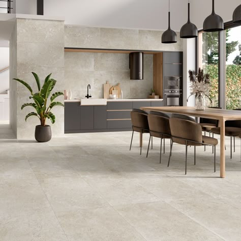 Grey Kitchen Tiles, Cream Floor, Tiles Living Room, Grey Kitchen Floor, Tile Floor Living Room, Open Plan Kitchen Dining Living, Grey Floor Tiles, Floor Living Room, Kitchen Tiles Design