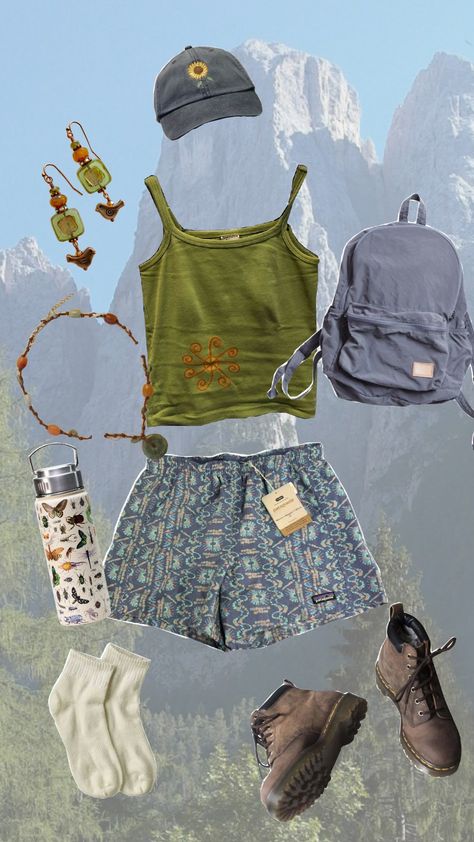 hiking! #aesthetic #outfit #outfitidea #aestheticoutfit Hikecore Aesthetic Outfit, Y2k Hiking Outfit, Aesthetic Hiking Outfit Summer, Adventure Core Aesthetic Outfits, Hiking Fits Summer Aesthetic, Vintage Hiking Aesthetic, Boho Hiking Outfit, Vintage Hiking Outfit, Adventure Aesthetic Outfit