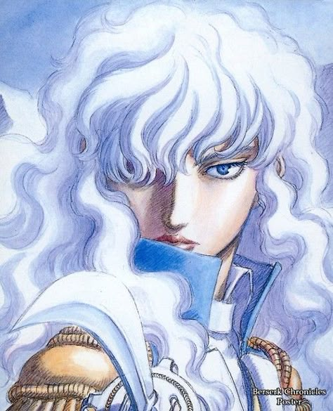 Griffith from Berserk, by Kentarou Miura. White Hair, Hair, Anime, Blue, White, Art