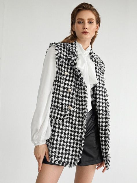 Double-breasted Frayed Edge Tweed Vest | SHEIN USA Tweed Vest Outfit Women, Tweed Vest Outfit, Vest Outfit Women, Tweed Vest, Fashion Black And White, Vest Outfit, White Vest, Black And White Tweed, Women Overcoat