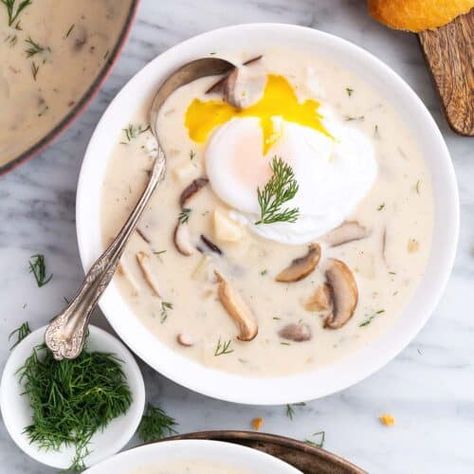 Kulajda (Czech Mushroom Soup Recipe) - An Edible Mosaic��™ Mushroom Potato Soup, Soup With Potatoes, Czech Food, How To Make A Poached Egg, Mushroom Soup Recipe, Mushroom Soup Recipes, European Recipes, Czech Recipes, Dried Mushrooms