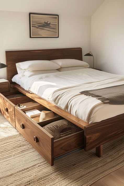 Mid-Century Modern Bed with Storage Ideas - Quiet Minimal King Platform Bed With Drawers, Wooden Bed Sets Furniture, Simple Bed Frames With Storage, Bedbase With Storage, Wood Bed Ideas Modern, Modern Beds With Storage, Wood Room Furniture Bedroom, Simple Storage Bed Design, Bedroom Save Space Ideas