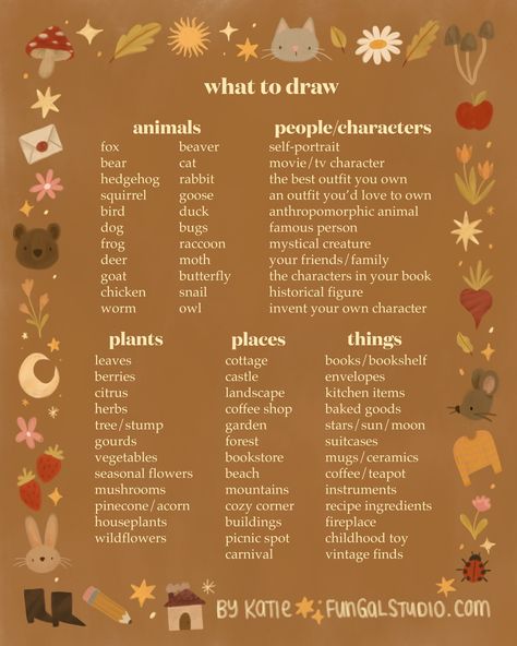 Drawing Prompts For Art Block, Autumn Art Prompts, Fall Drawing Challenge, Art Block Prompts, Sketchbook Ideas List, Roll For Inspiration Drawing, Sketchbook Prompts Ideas, Fall Drawing Prompts, Daily Drawing Prompts