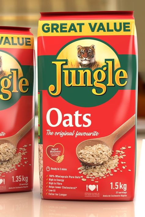 Jungle Oats Packaging Design - by Berge Farrell Design Oats Packaging Design, Oats Packaging, Parts Of The Heart, Low Gi, Food Packaging Design, Design Packaging, Lower Cholesterol, High Fiber, Eating Plans