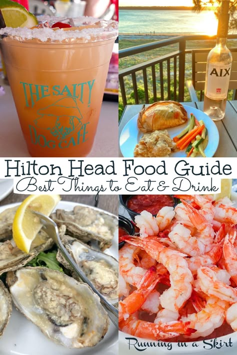 Best Hilton Head Restaurants - Hilton Head Island SC Food Guide including the best things to eat & drink! Includes options for dinners, best seafood, best cocktails, best sunset meals, best places to eat on the beach, local's favorites, and hidden gems. Includes The Salty Dog, Skull Creek Boat House, Red Fish, Hudson's, and Charlies! Written by a lifelong island visitor to this South Carolina island. / Running in a Skirt #hiltonhead #sc #ustravel #travelblogger #sctravel #foodietravel Charleston South Carolina Food, Charleston South Carolina Beaches, South Carolina Food, Folly Beach South Carolina, Salty Dog Cafe, Hilton Head Beach, Carolina Homes, Hilton Head South Carolina, South Carolina Vacation