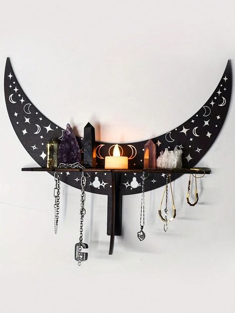 Black  Collar  Wood   Embellished   Home Decor Candlestick Display, Goth Room, Moon Phase Jewelry, Crystal Shelf, Witchy Room, Rock Candle, Essential Oil Shelf, Wiccan Decor, Moon Candle