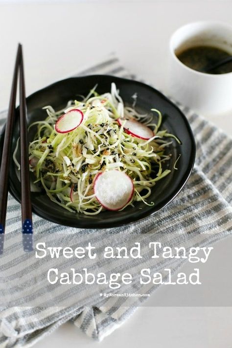 Sweet and Tangy Cabbage Salad Korean Coleslaw Recipe, Korean Cabbage Salad, Korean Bbq Side Dishes, Korean Cabbage, My Korean Kitchen, Sesame Seed Dressing, Cabbage Salad Recipes, Korean Kitchen, Korean Side Dishes