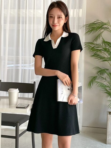 DAZY Contrast Collar Ribbed Knit Dress | SHEIN USA Summer Dresses Shein, Contrast Collar Dress, Black Preppy, High Collar Shirts, Dress With Collar, Modest Dresses Casual, Collared Dress, Womens Knit Dresses, Cute Preppy Outfits