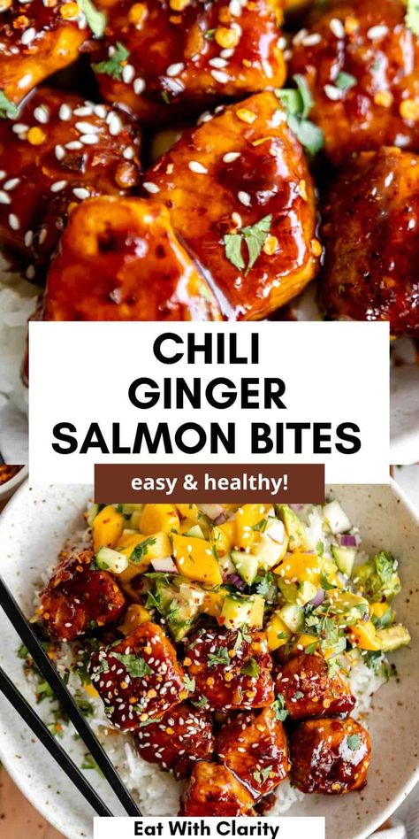 Garlic Ginger Salmon, Sweet Chili Salmon Bites, Spicy Maple Salmon Bites, Sticky Salmon Bites, Firecracker Salmon Bites, Date Night Recipes Dinner, Asian Salmon Bites, Honey Chili Sauce, Asian Glazed Salmon