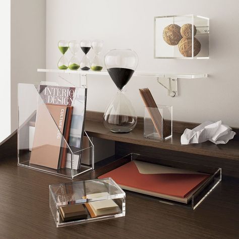 5 Ways To Use Acrylic Decor Throughout Your House // Home Office - See where all your papers and pens are with acrylic desk storage solutions. Acrylic Desk Accessories, Modern Desk Accessories, Acrylic Furniture, Acrylic Decor, Modern Desk, Office Accessories, Desk Storage, My New Room, Home Decor Tips