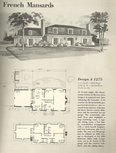 Vintage House Plans 1970s: French Mansards | Mansard House, Vintage Floorplans, Mid Century House Plans, Mansion Plans, Vintage Floor Plans, 1970s House, Vintage Houses, Home Exteriors, Vintage Homes