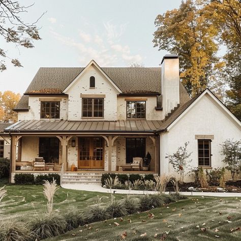 Classic Country Home Exterior, Farmhouse On Land Country Living, Country European House, Rustic Farmhouse Exterior Ranch Style, Modern Cottage Farmhouse Exterior, European Farmhouse Aesthetic, Cottagecore Farmhouse Exterior, Bloxburg Farmhouse Ideas Exterior, 2025 Exterior House Trends