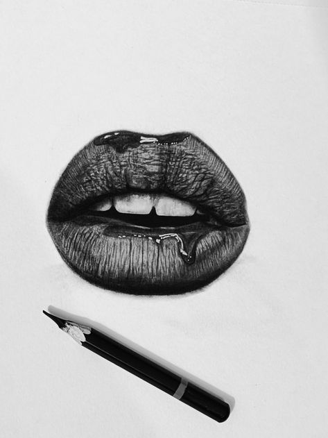 Hyperrealistic Drawing, Lip Drawing, Drawing Charcoal, Drawing Black, Lips Drawing, Black Pen, Black Lips, Pencil Art Drawings, Step Drawing