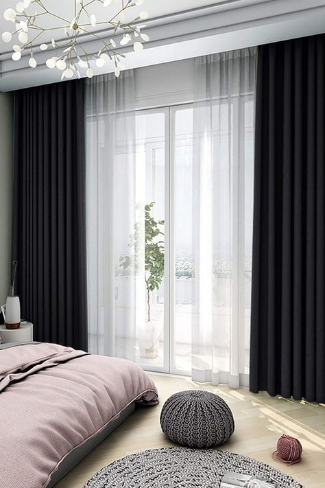 luxury bedroom design Black Out Curtains Bedroom Ideas, Black Curtains Bedroom, Black Curtains Living Room, Grey Curtains Bedroom, White Curtains Living Room, Beautiful Bed Designs, Blackout Curtains Bedroom, Dark Curtains, Bedroom Curtain