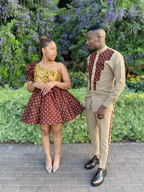 Shweshwe Couple Outfits, African Traditional Wear For Couples, Matching Traditional Outfits For Couples, Sepedi Traditional Attire For Couples, Traditional Bridesmaid Dresses African, Traditional Attire African Couples, Lobola Outfits For Couples, South African Traditional Dresses Design, Traditional Attire African