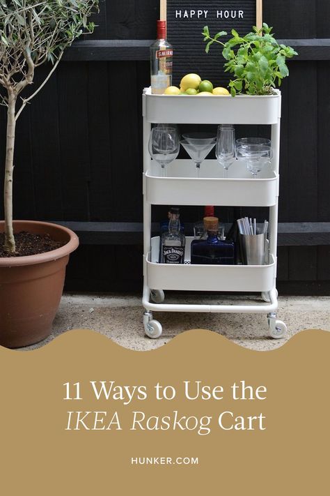 The compact, rolling Ikea Raskog Cart is ideal for creating makeshift storage in small spaces like bathrooms and studio apartments. Let's take a look at these genius ways to use it. #hunkerhome #ikea #ikeahack #ikeahackideas #ikearaskogcart Ikea 3 Tier Cart, Ikea Cart Ideas, 3 Tier Rolling Cart Ideas, Raskog Cart Ideas, Utility Cart Ideas, Ikea Raskog Trolley, Ikea Trolley, Traveling Bar, Liquor Cart