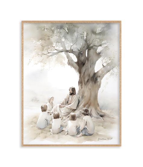 Inspired by: "but Jesus said, “Let the little children come to me and do not hinder them, for to such belongs the kingdom of heaven.” -Matthew 19:14 NIV 27"w x 33"h Framed Wood Sign13 x 19" Unframed Art Print Ready to hang! Jesus Teaching, Christian Nursery Decor, Jesus Wall Art, The Kingdom Of Heaven, Jesus Teachings, Jesus Prints, Jesus Said, Christian Artwork, Jesus Painting