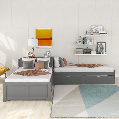 Product Description: This bed increased sleeping capacity is the perfect solution for cottages, extended family, out-of-town guests, or hosting your rambunctious friends for a sleepover. Grandchildren Bedroom, Corner Twin Beds, Trundle Bed With Storage, Platform Bed With Trundle, Bed In Corner, Bed With Trundle, Twin Platform Bed, Shared Bedroom, Grey Desk