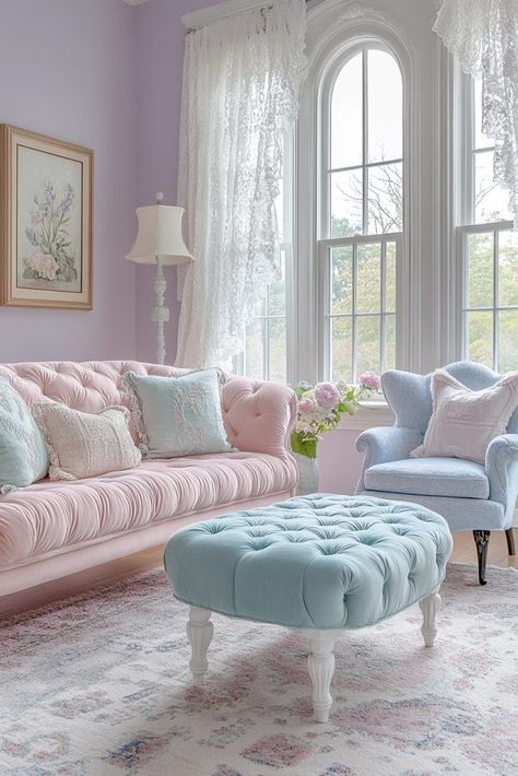 Powder Blue Living Room Ideas, Pastel Living Room Ideas Colour Palettes, Pink And Blue Living Room Ideas, Pink And Blue Living Room, Pastel Living Room Ideas, Pastel Colors Living Room, Colorful Living Room Ideas, Blue And Pink Living Room, Colourful Rooms