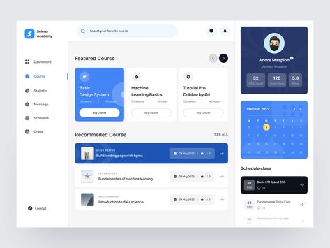 Selena Academy - E Course Dashboard by Onky Soerya ✌️ for 10am Studio on Dribbble Learning Website Design, Website Course, Finance Dashboard, Course Web, Card Ui, Web Design Course, Course Schedule, Dashboard Ui, Template Site