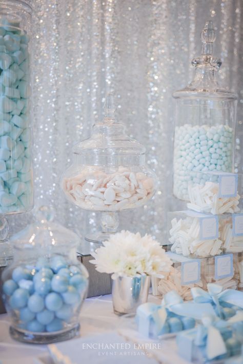 Light Blue Dessert Table Ideas, Light Blue And White Dessert Table, Candy Bar Ideas Blue, Light Blue Candy Table, Silver Sequin Backdrop, White Candy Table, White And Blue Candy Bar, Blue Candy Bars, Cinderella Quinceanera Themes