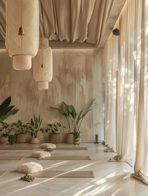 28 Warm and Intimate Yoga Studios - TastyInteriors Yoga Studio Lobby Design, Tulum Yoga Studio, Japandi Yoga Studio, Yoga Studio Inspiration, Yoga Retreat Aesthetic, Boho Yoga Room, Earthy Spa, Wellness Room At Home, Yoga Studio Aesthetic