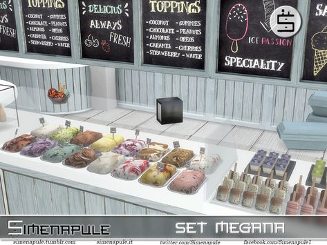 Sims 4 Ice Cream Shop Cc, Sims 4 Ice Cream Shop, Pouf Coffee Table, Walls Ice Cream, Sims 4 Restaurant, Ice Cream Car, Ice Cream Poster, Mini Dessert Cups, Cc Furniture