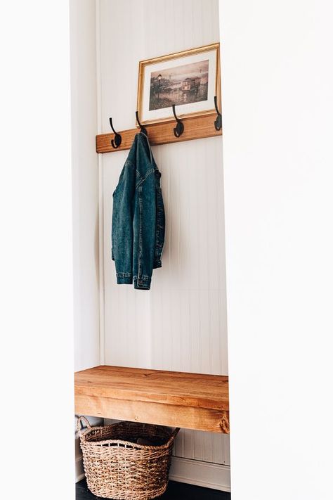 DIY Mudroom Bench (with Beadboard & Coat Hooks) Mudroom Hooks On Wall, Hooks On Wall, Diy Coat Hooks, Mudroom Hooks, Mudroom Bench With Hooks, Bench Area, Diy Hooks, Simple Benches, Coat Pegs