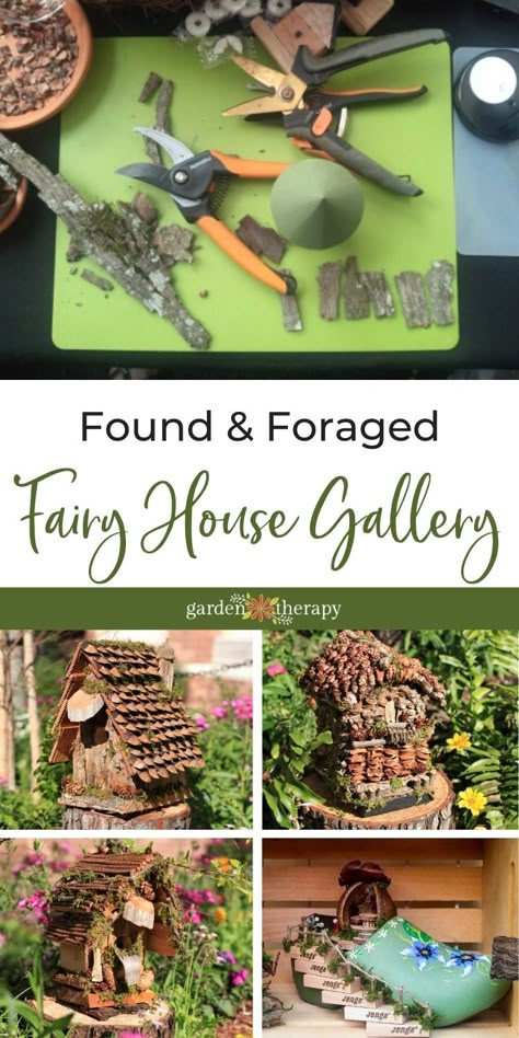 Foraged materials like mushrooms, pinecones, and branches make little woodland houses so realistic looking that you would think they were made by fairies. Using natural elements, the Fairy House Ladies of Disney—sisters Rhonda Maseman and Vikki Yarborough—have been designing whimsical foraged fairy houses for the past ten years. Their designs are not just fanciful, they are also weatherproof and can stay outside all year. #gardentherapy #disney #miniaturegardening #gardendecor Fairy House With Sticks, All Natural Fairy Houses, Building Fairy Houses, Recycled Fairy House, Nature Fairy House Diy, Make Your Own Fairy House, How To Build Fairy Houses, Fairy House Outside, Fairy Garden House Ideas