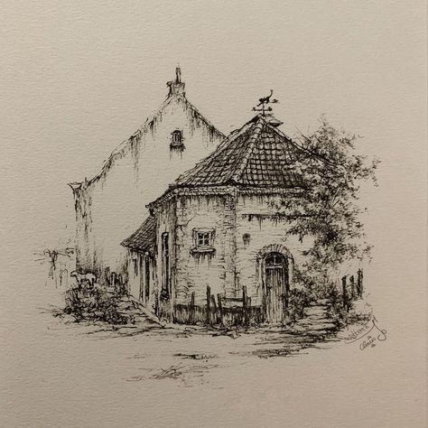 One of my favorite beautiful little houses, one of which is here, this used to be a cozy Café-eatery called De Zoete Citroen, now it is… | Instagram Ordinary House, Fineliner Art, Architecture Sketches, Pen Art Work, Pen Art Drawings, Landscape Sketch, House Sketch, Sweet Lemon, Architecture Drawing Art