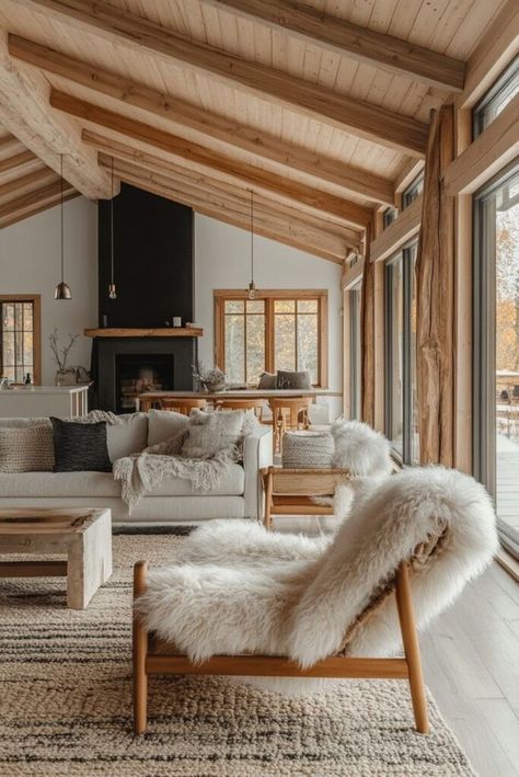 White Cabin Interiors Rustic, Scandinavian Ski Chalet Interiors, Magical Cabin Interior, Nordic Ski Lodge Interior, Cabin White Walls, Scandinavian Log Cabin Interior, Modern Swiss Chalet Interior Design, Chalet Home Decor, Alpine Style Interiors