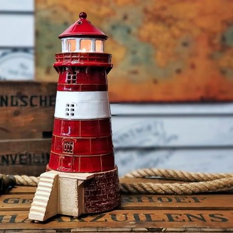 Ceramic Lighthouse Pottery, Lighthouse Ceramic, Pirate Room Decor, Ceramic Lighthouse, Lighthouse Candle Holder, Ceramic Sculpture Figurative, Cement Diy, Hand Built Pottery, Pottery Crafts