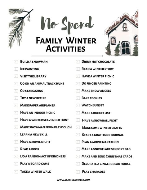 Winter Activities For Families, No Spend December, Winter Family Bucket List, Free Winter Activities For Kids, Kids Winter Bucket List, December Family Activities, No Spend Christmas, Free Christmas Activities For Families, January Family Activities