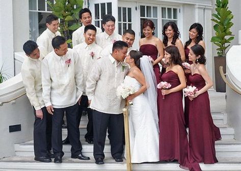 Filipino Wedding Gown, Barong Wedding, Maroon Dresses, Filipino Clothing, Filipino Wedding, Filipino Fashion, Barong Tagalog, Wedding Color Combos, Invitation Fonts