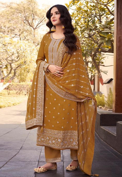 Silk palazzo suit in Mustard colour 16085 Desc: Style : Pakistani Salwar Kameez Color : Mustard Fabric : Silk Work : Embroidery Sequence Wash Care : Dry clean Sleeve Style : Full Sleeve Long Sleeves : Done only in Custom Stitch Sleeves Lining : Done only in Custom Stitch Bust Size : 32 to 42 Inches Occasion : Wedding Festival Eid Mehendi Sangeet Reception Ceremonial Lohri Engagement. With Express Free Shipping Buy Indian Party wedding and bridal Anarkalis Silk palazzo suit in Mustard colour 1608 Simple Suit Ideas, Suit Pose, Weddings Pakistani, Jasmin Bhasin, Party Wear Salwar Kameez, Indian Wedding Sarees, Party Wear Salwar, Yellow Suit, Palazzo Suit