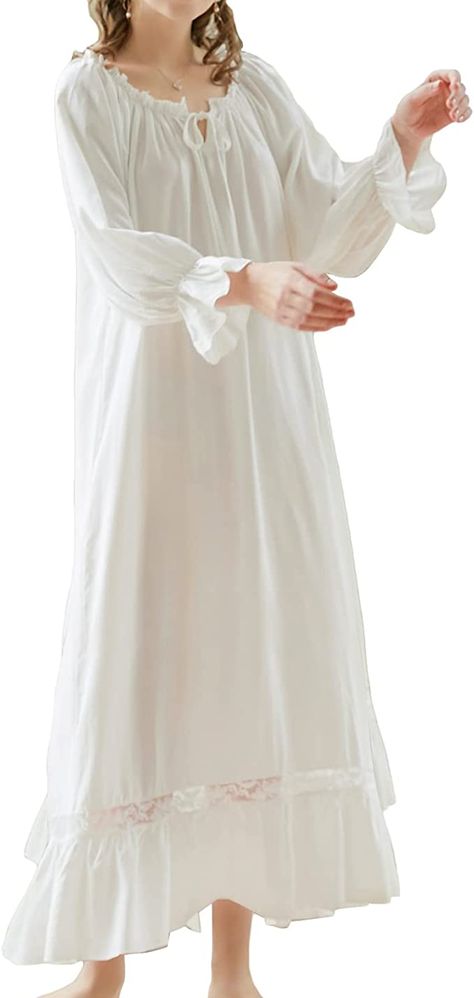 Homgro Women's Victorian Nightgown Vintage Princess Nightdress Ruffle Cotton Long Sleeve Square Neck Sleep Dress Lounge Pleated Lace Maxi Nightwear White Medium at Amazon Women’s Clothing store Princess Nightgowns, Sleeping Gown, Nightgown Vintage, Cotton Night Dress, Victorian Nightgown, Night Gown Dress, Sleeping Dress, White Nightgown, Cotton Nightgown