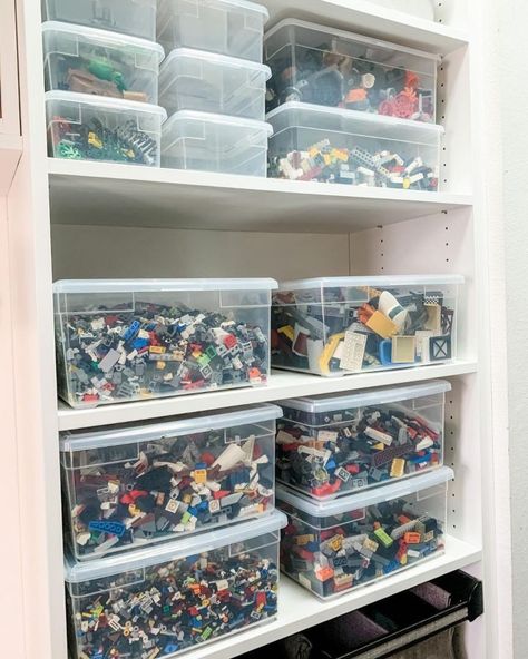 Lego Bin Storage, Ikea Billy Bookcase Storage Bins, Cheap Lego Storage Ideas, Ikea Billy Lego Storage, Storing Legos Storage Solutions, Lego Storage Small Space, Diy Lego Storage Ideas, Lego Sorting And Storage, Playmobil Storage Ideas