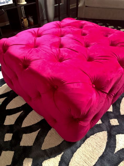 The Upholstered House Ottoman - L Fuchsia Hot Pink Couch, Pink Couch Living Room, Pink Ottoman, Future Furniture, Funky Living Rooms, Glam Bedroom Decor, Pink Couch, Neon Bedroom, Velvet Furniture