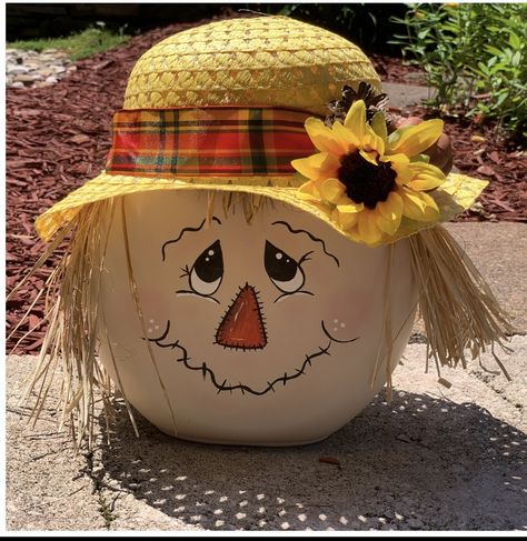 Tide Pod Scarecrow, Old Tide Pod Containers, Pumpkin Made From Tide Pod Container, Tide Pod Container Scarecrow, Craft Ideas Using Tide Pod Containers, Gnome Made From Tide Pod Container, Tide Container Pumpkin, Diy Tide Pod Containers Recycled, Crafts With Tide Pod Containers