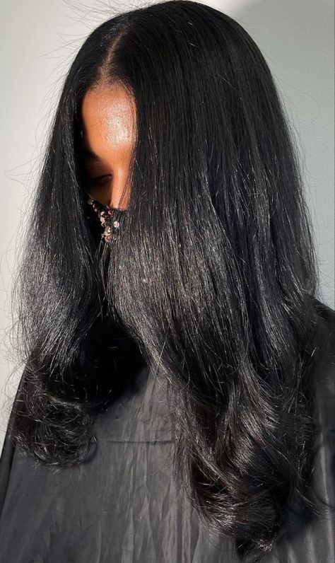 Long Black Relaxed Hair, Long Straight Natural Hair Black Women, Long Healthy Relaxed Hair, Silk Press Straight Hair, Long Relaxed Hairstyles, Long Hair Silk Press, Straight Natural Hair Black Women, Straightened Natural Hair, Long Healthy Natural Hair