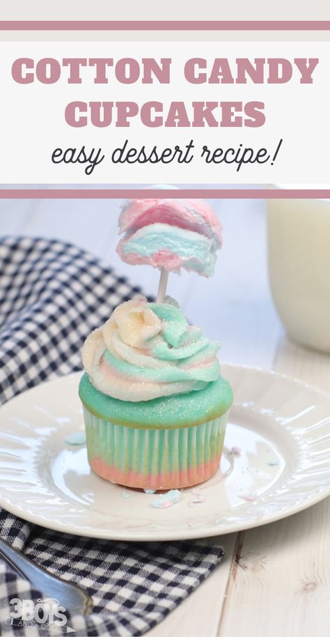 It's safe to say that everyone in the house will love this Cotton Candy Cupcakes Recipe! It's the perfect dessert and sweet treat! Cotton Candy Icing, Cotton Candy Cupcakes Easy, Cotton Candy Buttercream Frosting, Cotton Candy Themed Cake, Cotton Candy On Cake, Cupcakes With Cotton Candy On Top, Banana Cream Pie Cupcakes, Cotton Candy Cupcakes, Cotton Candy Cakes