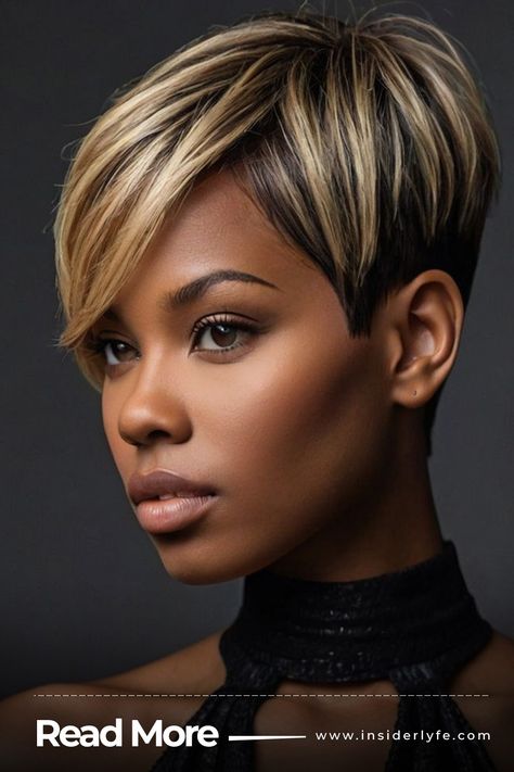 Pixie with Bold Highlights Fall Pixie Cut, Pixie Styles For Black Women, Pixie Hairstyles For Black Women, Bold Haircut, Short Quick Weave Hairstyles, Hairstyles Christmas, Fall Haircuts, Christmas Hairstyle, Styles For Black Women