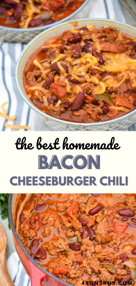 Bacon cheeseburger chili combines all the flavors of two classic comfort foods into one yummy dish. This hearty recipe will be an instant favorite for all burger and chili lovers! #chili #homemade #recipe #dinner Bacon Cheeseburger Chili, Weird Chili Recipes, Unusual Chili Recipes, Hearty Meals Comfort Foods, Cheeseburger Chili, 21 Day Fix Chili, Chili Homemade, Savory Halloween Food, Bacon Chili