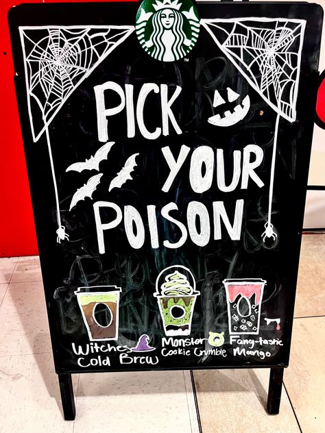 Cafe Halloween Decorations, Cafeteria Halloween Decorations, Witchy Coffee Shop Aesthetic, Coffee Board Ideas, Halloween Menu Board, Fall Coffee Chalkboard Art, Fall Chalkboard Coffee Shop, Coffee Shop Halloween Decorations, Spooky Chalkboard Art