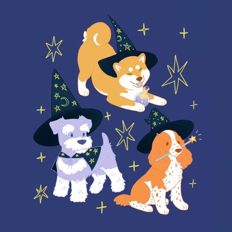 ✨ I was in the mood to draw wizard dogs today! 🐕🧙‍♂️ I really like how they turned out, especially the brown Border Collie! 💫 I had so much fun bringing these magical pups to life. Which dog is your favourite? The Border Collie, the Miniature Schnauzer, the Shiba Inu, or the English Cocker Spaniel? Let me know in the comments! 🪄💖 . Are you ready for #doggust? I can't wait! . #WizardDogs #CuteDogs #DogIllustration #DogArt #DigitalArt #DogArtist #CuteArt #DogLovers #ArtCommunity #IllustrationA... Cute Pet Portrait, Dog With Stick, Draw Dog, Cocker Spaniel Drawing, Cartoon Spaniel, Kawaii Halloween Art, Dog Illustration Character, Halloween Dog Drawing, Dog Illustration Art Character Design