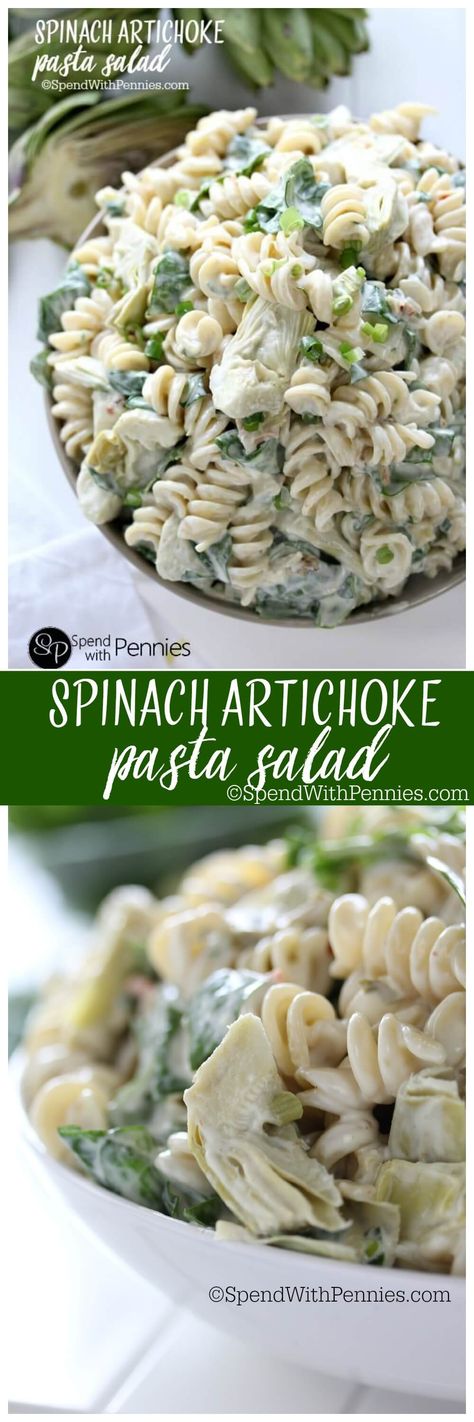 Spinach Artichoke Pasta Salad!  If you like spinach dip, you'll LOVE this delicious pasta salad!  An easy spinach dip turned into a perfect summer side dish! Vegan Swaps, Easy Spinach Dip, Artichoke Pasta Salad, Spinach Dip Easy, Delicious Pasta Salad, Spinach Artichoke Pasta, Cold Salads, Artichoke Pasta, Diy Easy Recipes